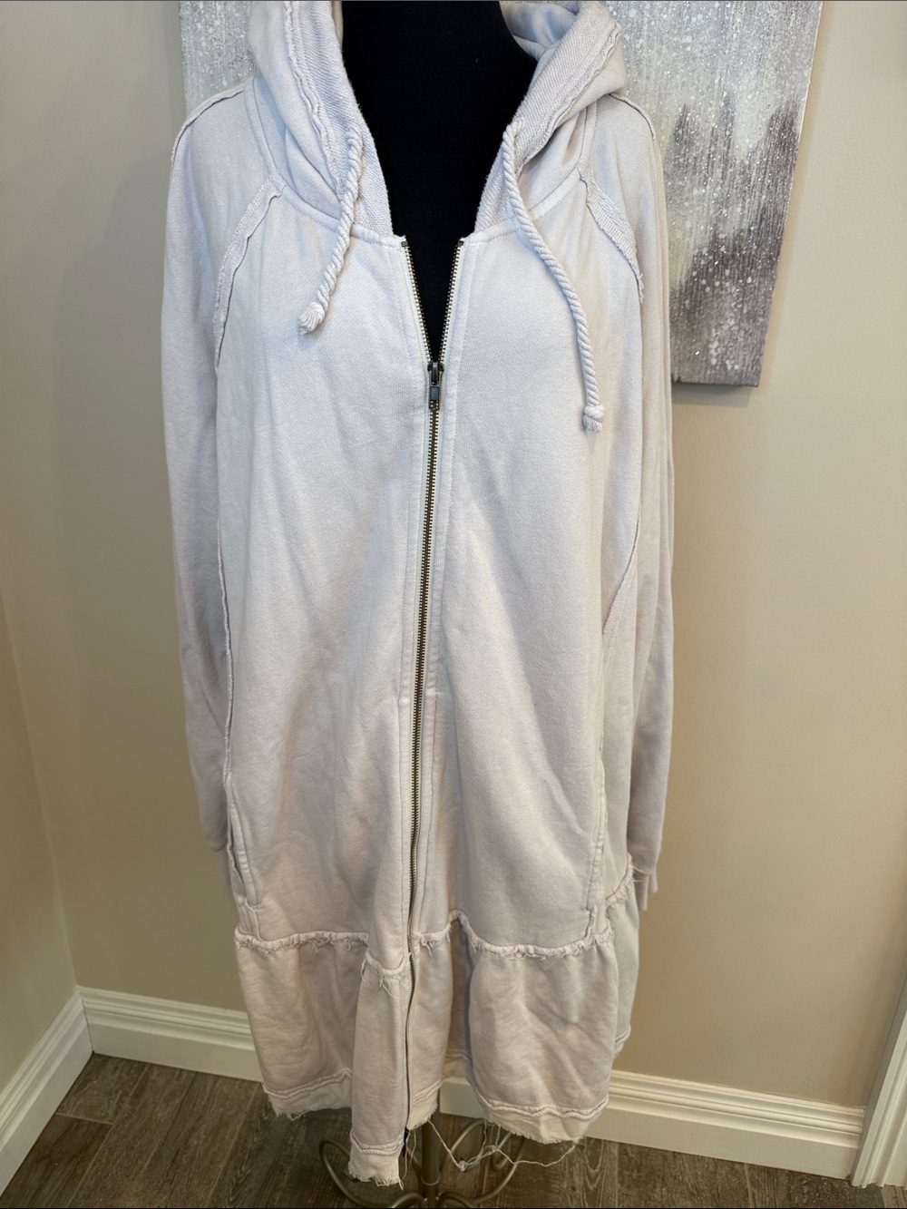 Free People Oversized Light Gray Hooded Zip-Front Sweatshirt Jacket size Larg